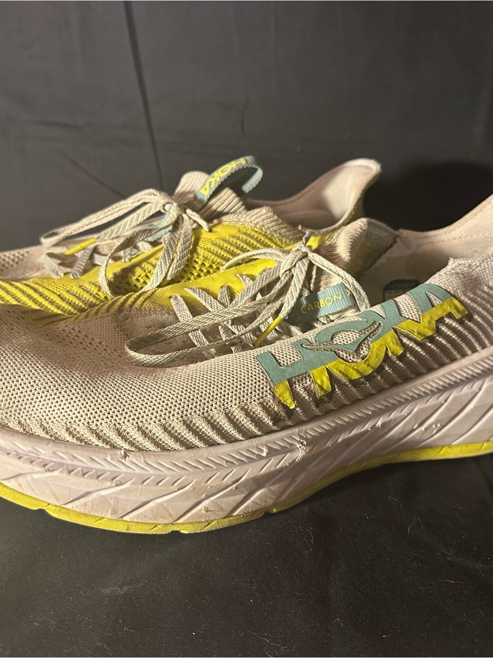 Hoka One One Beige, Yellow & Teal Carbon X Athletic Running Shoes